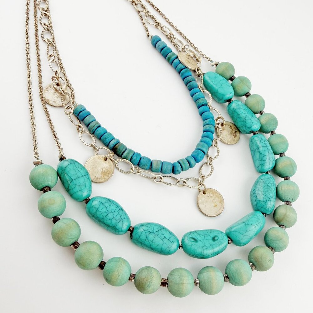Express Multi-Strand Aqua & Silver Turquoise Style Layered Statement Necklace